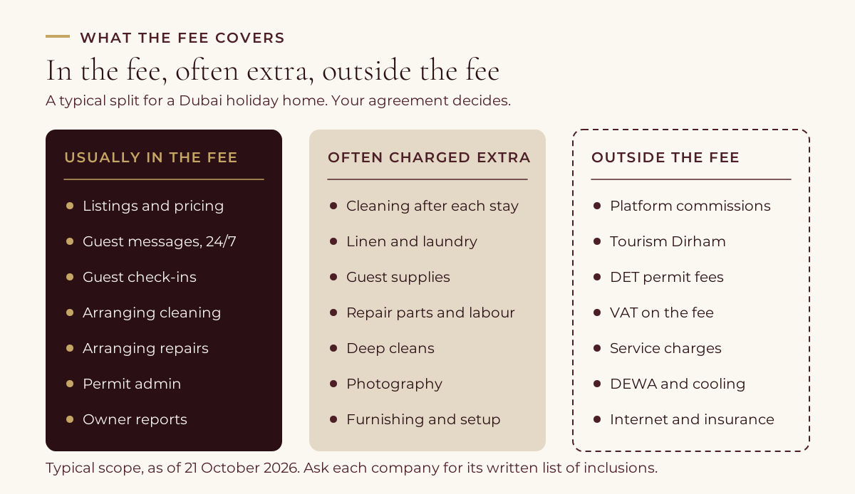 Three-column chart of a typical Dubai holiday home management fee: listings, pricing, guest messages, check-ins, arranging cleaning and repairs, permit admin and owner reports in the fee; cleaning, linen, supplies, repairs, photography and setup often extra; platform commissions, Tourism Dirham, permit fees, VAT, service charges and utilities outside it.